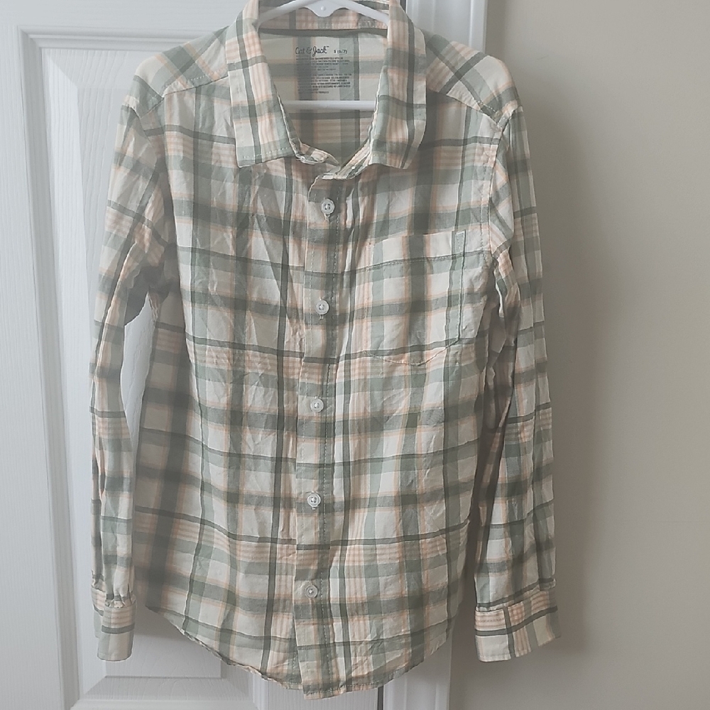 Cat & Jack Beige and Green Plaid Button-Down Shirt